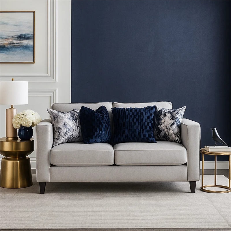 Harie Loveseat- 4 Blue Throw Pillows- Light Gray Chenille- 67 Inch