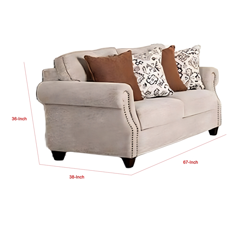 Bonie Loveseat- 4 Accent Pillows- Taupe Polyester- Rolled Arms 67 Inch