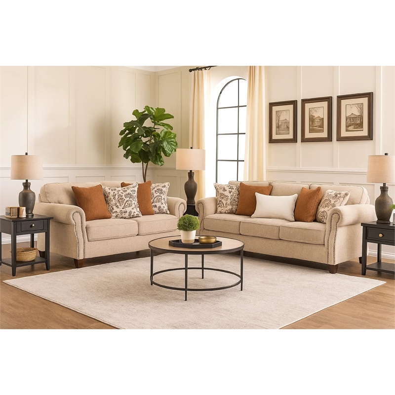 Bonie Loveseat- 4 Accent Pillows- Taupe Polyester- Rolled Arms 67 Inch