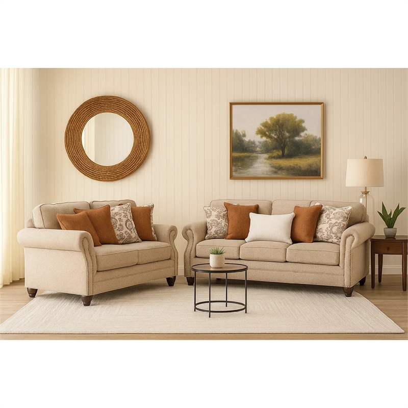 Bonie Loveseat- 4 Accent Pillows- Taupe Polyester- Rolled Arms 67 Inch