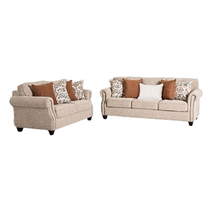 Bonie Sofa- 5 Pillows- Rolled Arms Taupe Brown Polyester- 87 Inch