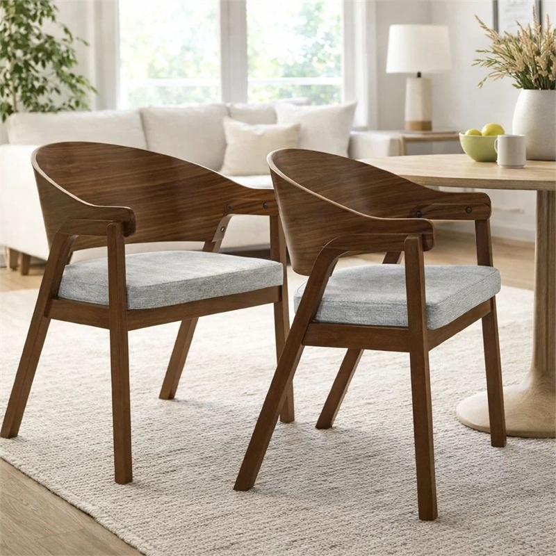 Lery Armchair Set of 2- Curved Walnut Brown Wood Back- Padded Seat