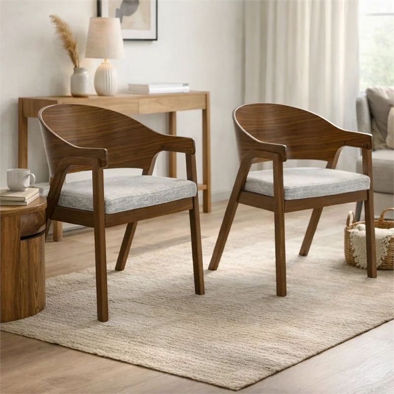 Lery Armchair Set of 2- Curved Walnut Brown Wood Back- Padded Seat