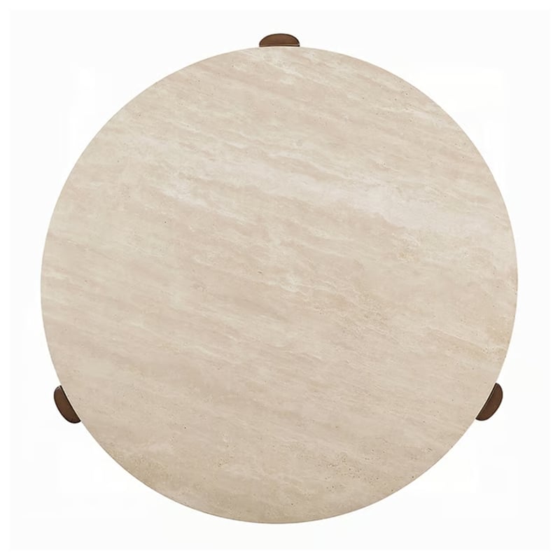 Hery Side End Table- 22 Inch Round Travertine Top- Dark Oak Brown Legs