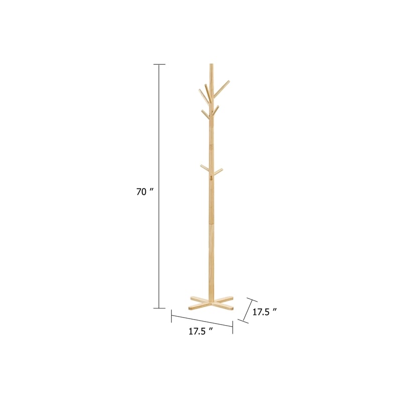 Jema 3 Tier Coat Rack- 9 Hanging Hooks- 70 Inch Natural Brown Solid Wood