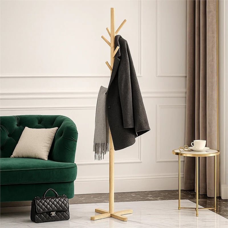 Jema 3 Tier Coat Rack- 9 Hanging Hooks- 70 Inch Natural Brown Solid Wood