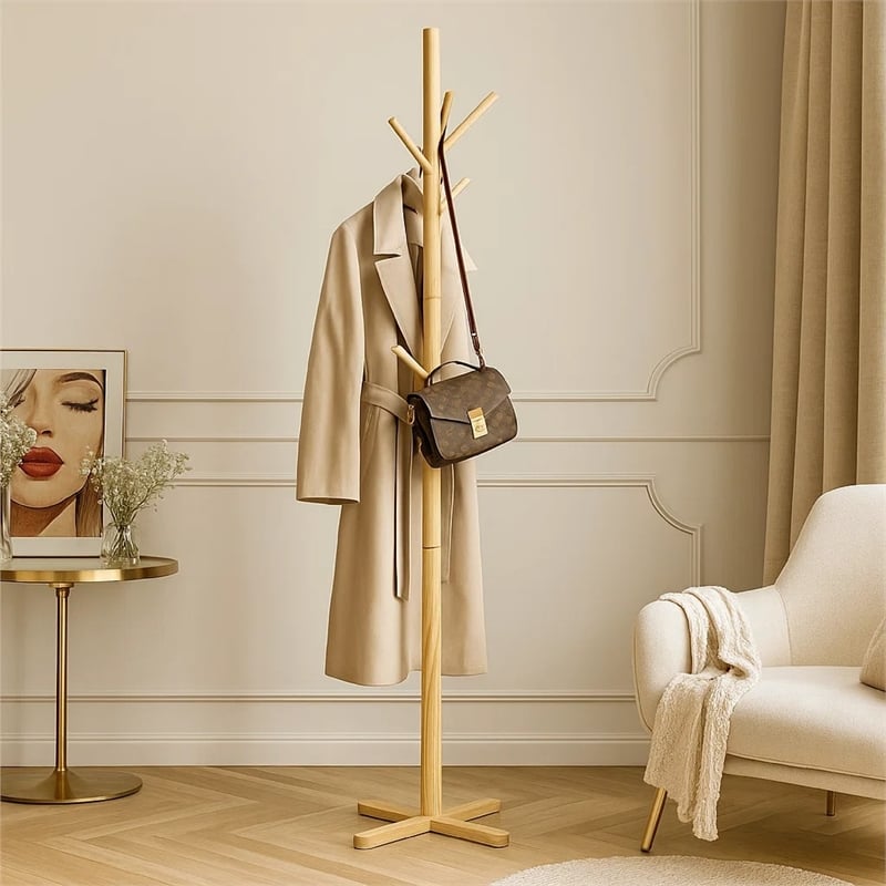 Jema 3 Tier Coat Rack- 9 Hanging Hooks- 70 Inch Natural Brown Solid Wood