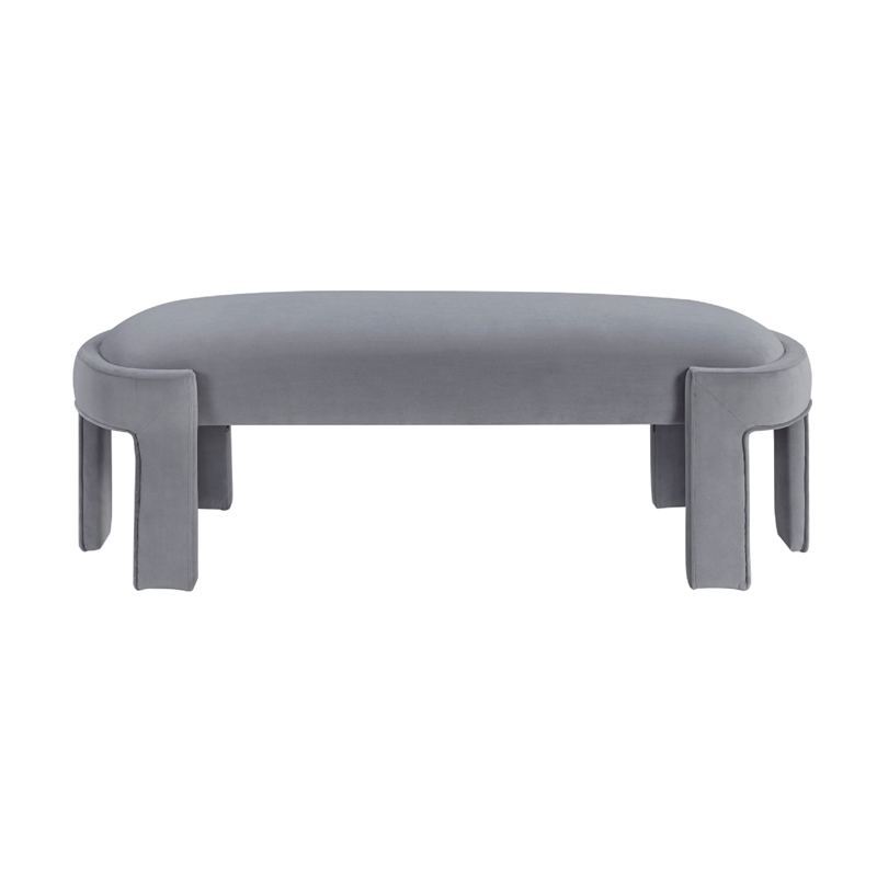 Fery Modern Bench with Curved Edges- Gray Velvet Upholstery- 54 Inch