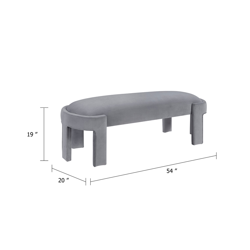 Fery Modern Bench with Curved Edges- Gray Velvet Upholstery- 54 Inch