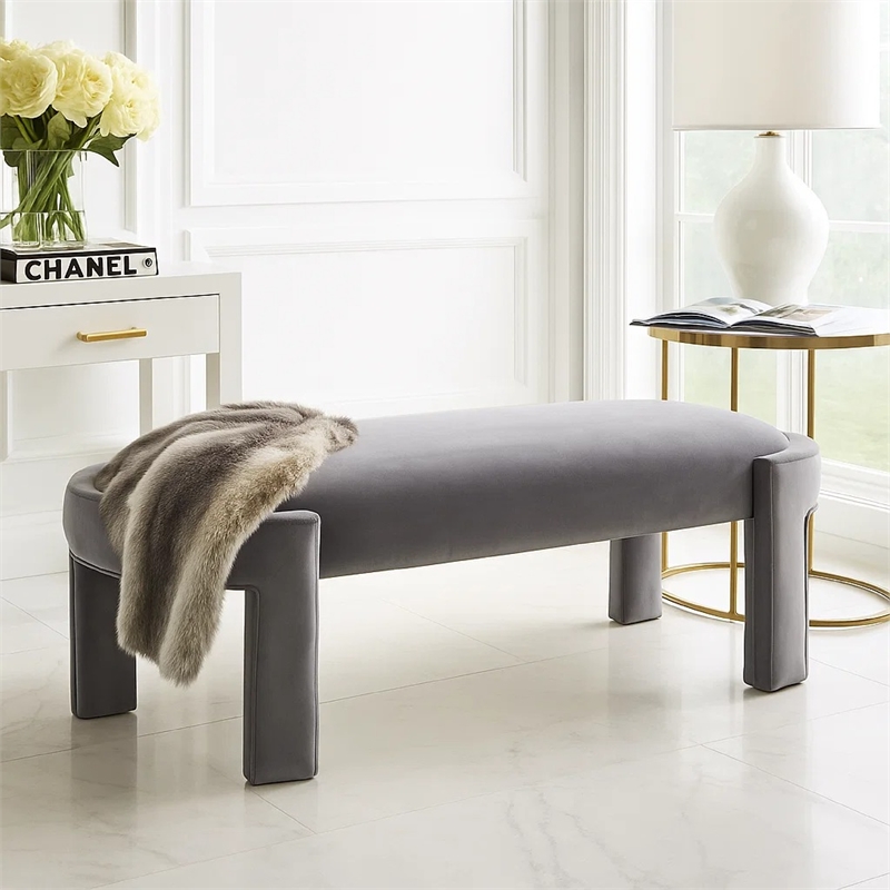 Fery Modern Bench with Curved Edges- Gray Velvet Upholstery- 54 Inch
