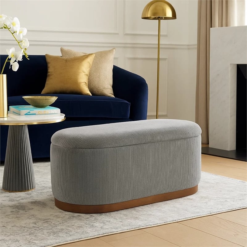 Sio Storage Bench- Ribbed Gray Corduroy- 43 Inch Walnut Brown Wood