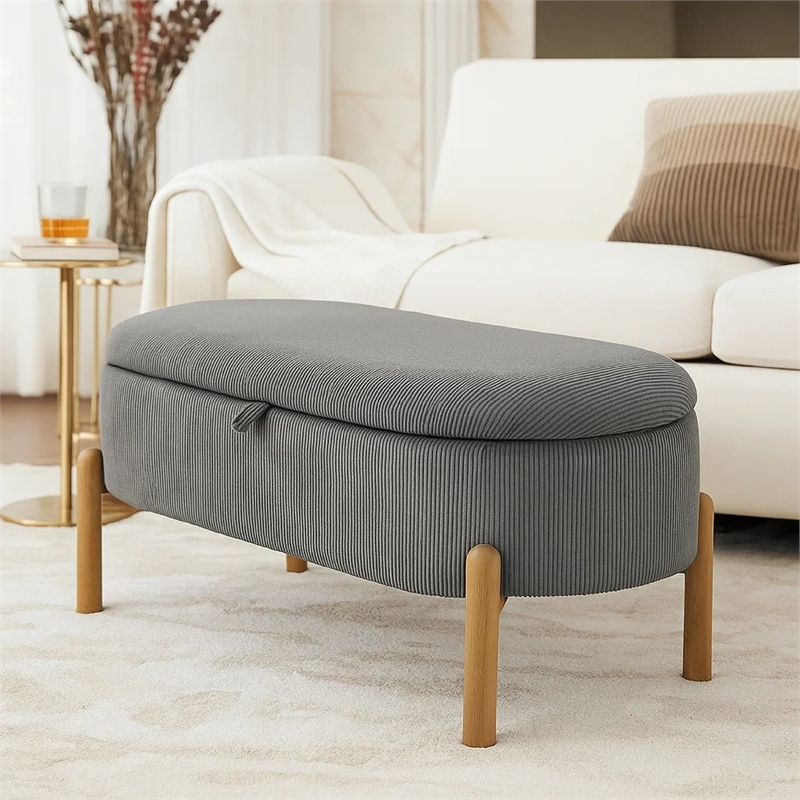 Fian Storage Bench w Lift Top- Natural Brown Legs- Gray Corduroy 42 Inch