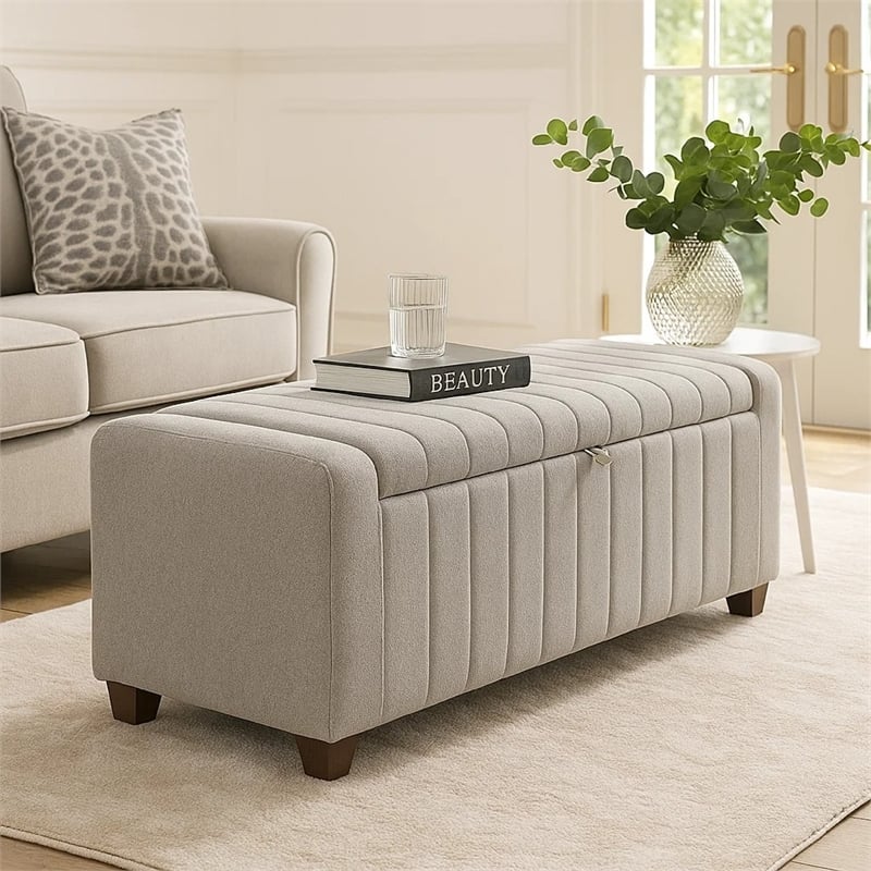 Doa Storage Bench- Channel Tufted- Gray Boucle Upholstery 50 Inch
