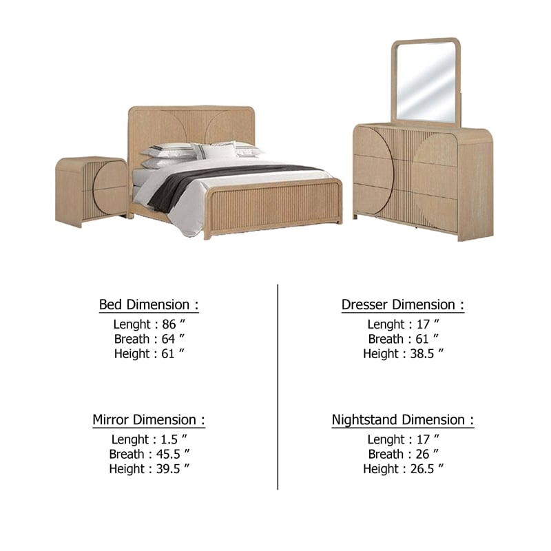 Tanya 4pc Queen Bedroom Set- Dresser Mirror- Reeded Natural Brown