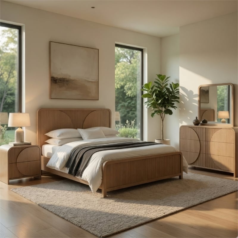 Tanya 4pc Queen Bedroom Set- Dresser Mirror- Reeded Natural Brown