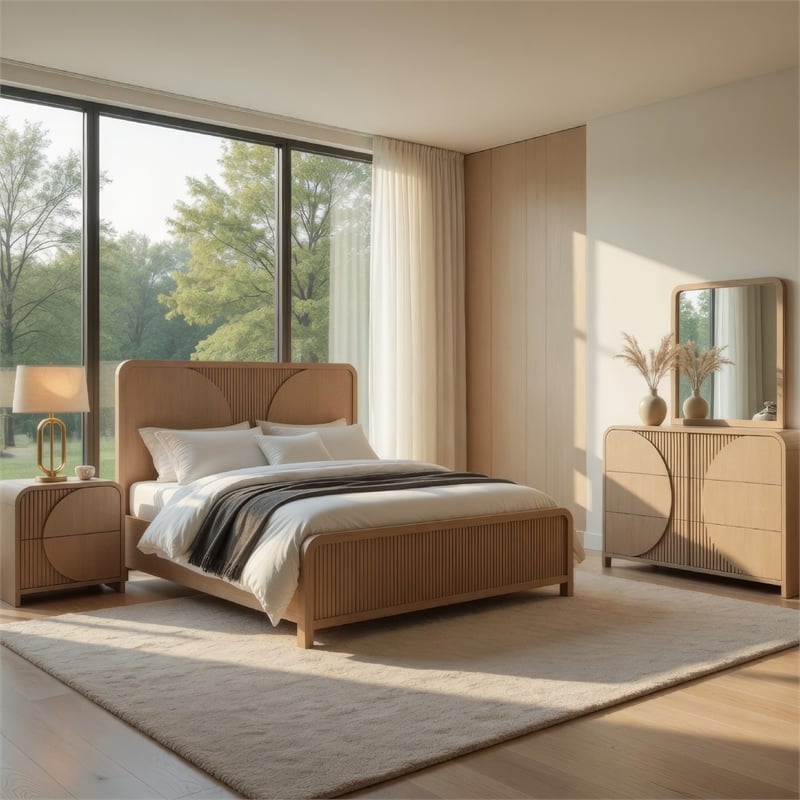 Tanya 4pc Queen Bedroom Set- Dresser Mirror- Reeded Natural Brown