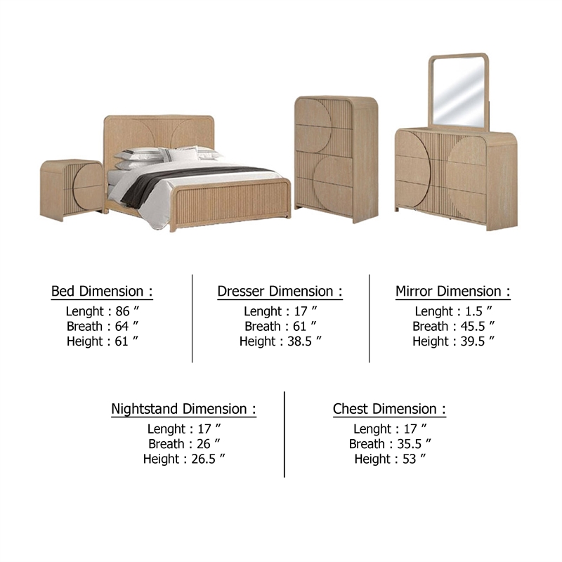 Tanya 5pc Queen Bedroom Set w Tall Chest- Reeded Natural Brown