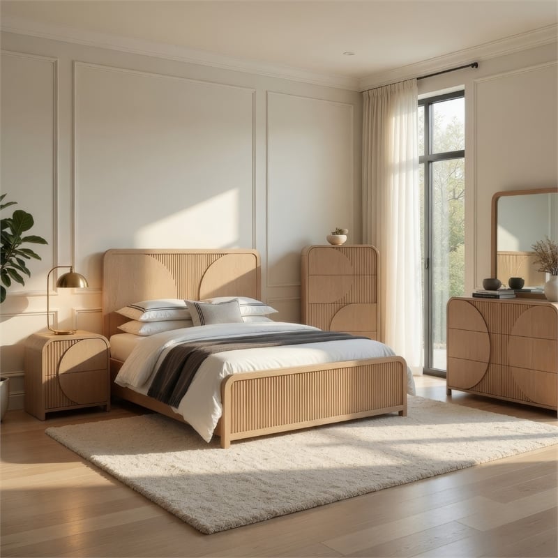 Tanya 5pc Queen Bedroom Set w Tall Chest- Reeded Natural Brown