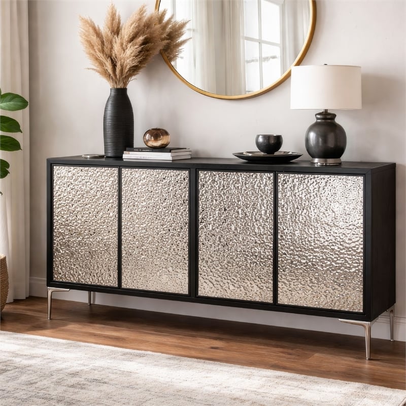 Betie Sideboard Buffet Cabinet- Textured Steel Metal- Black Wood- 72In