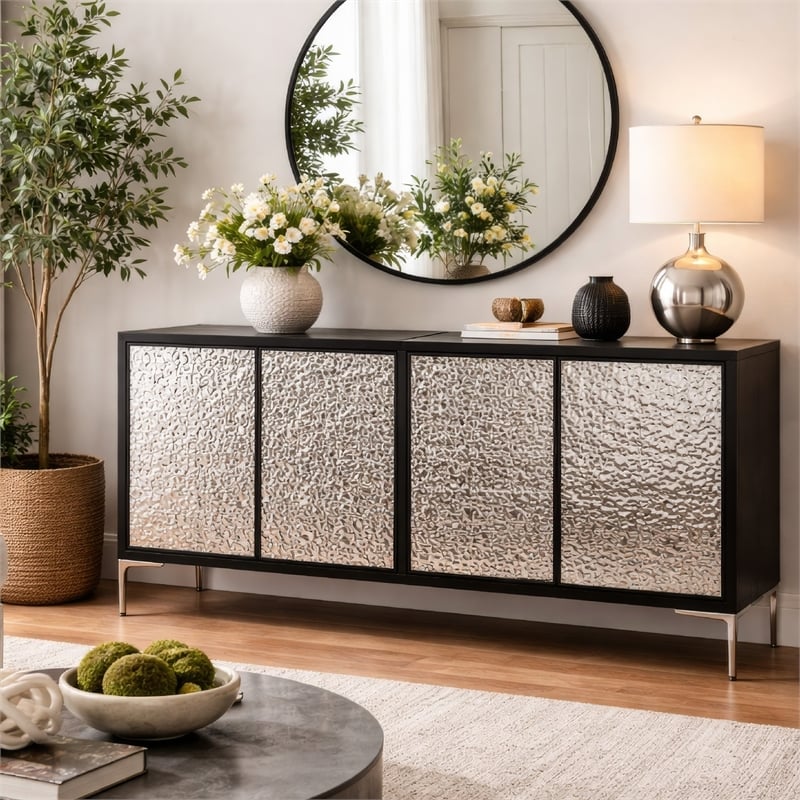 Betie Sideboard Buffet Cabinet- Textured Steel Metal- Black Wood- 72In