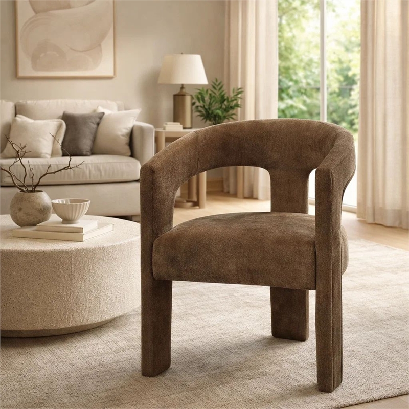 Hery Armchair Set of 2- Curved Padded Backrest and Seat- Brown Linen