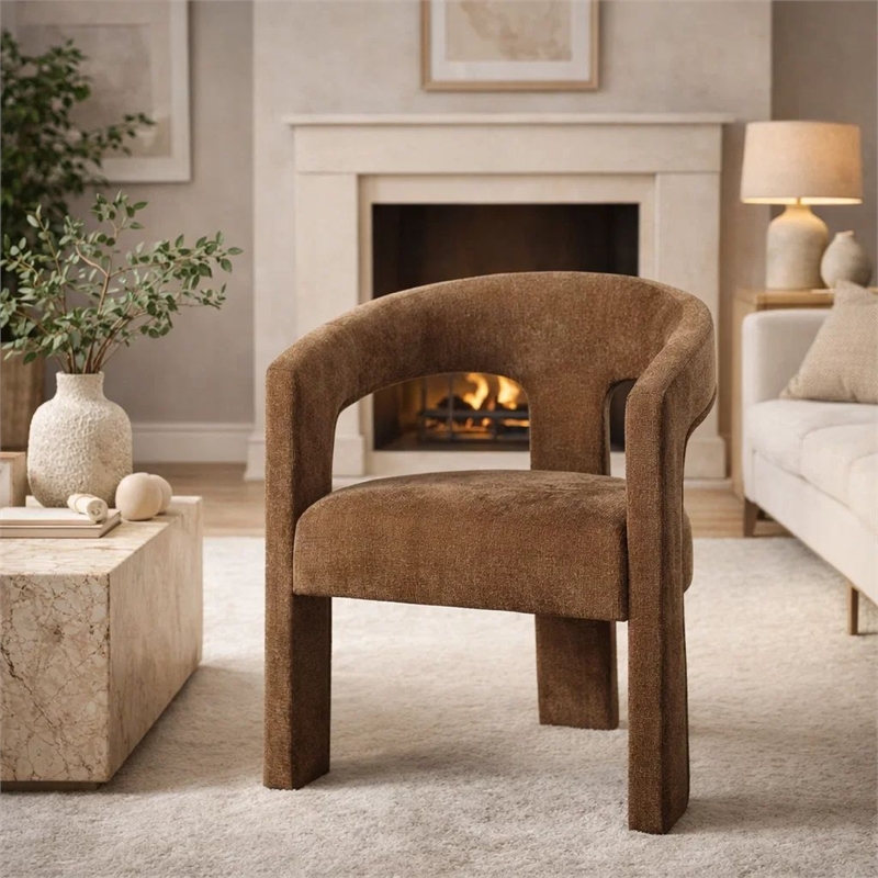 Hery Armchair Set of 2- Curved Padded Backrest and Seat- Brown Linen
