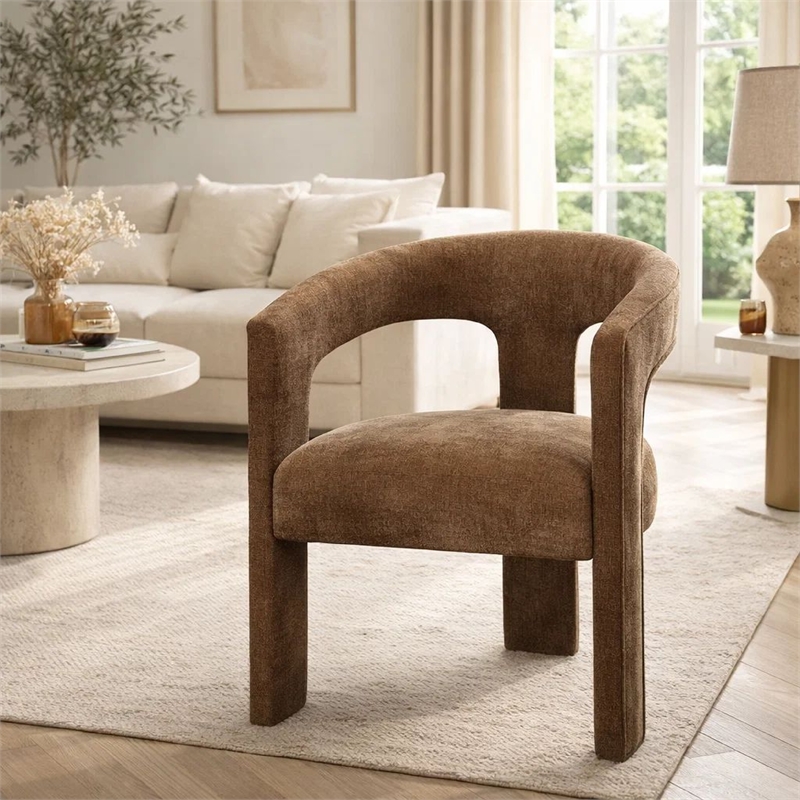Hery Armchair Set of 2- Curved Padded Backrest and Seat- Brown Linen