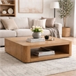 Sery Coffee Table- 48 Inch Square Top with Open Lower Shelf- Oak Brown