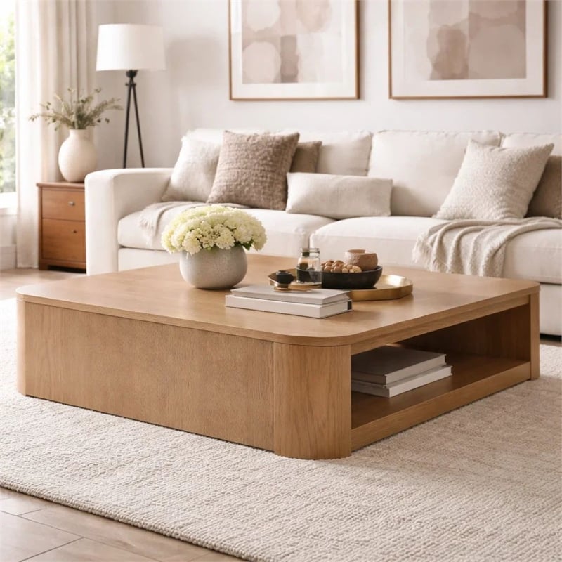 Sery Coffee Table- 48 Inch Square Top with Open Lower Shelf- Oak Brown