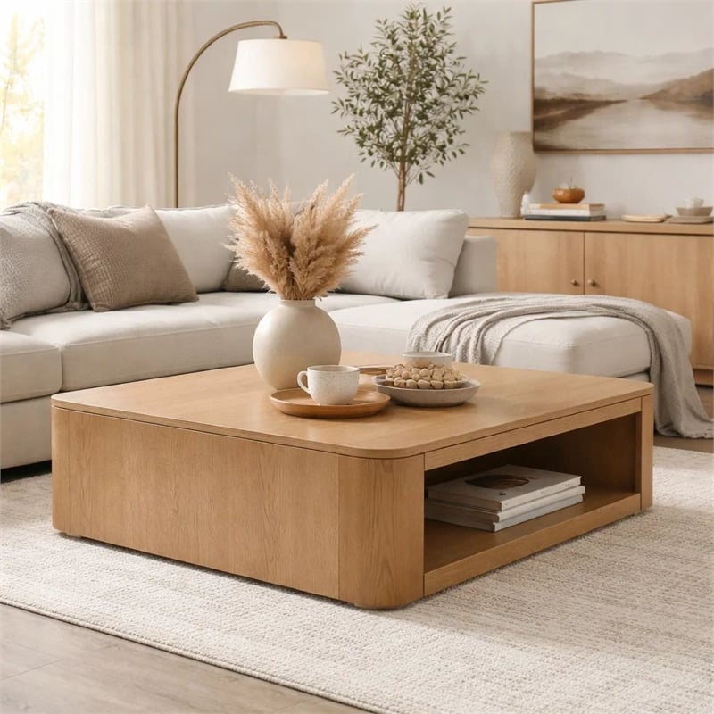 Sery Coffee Table- 48 Inch Square Top with Open Lower Shelf- Oak Brown