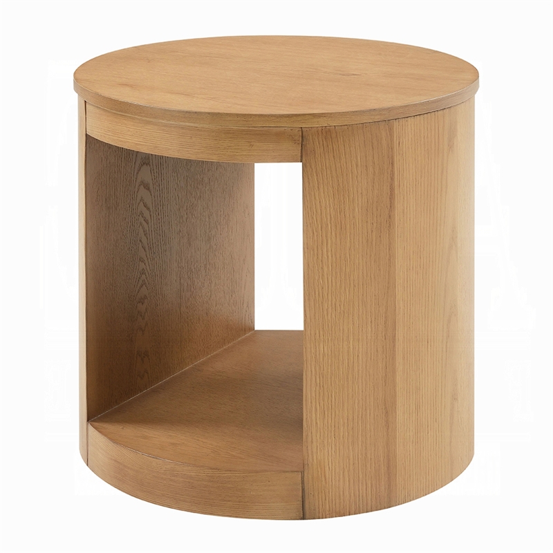 Sery Side End Table- 22 Inch Round Top with Open Lower Shelf- Oak Brown