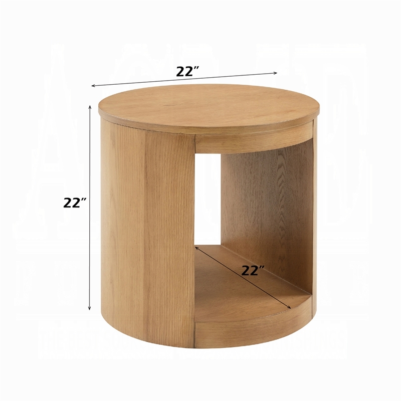 Sery Side End Table- 22 Inch Round Top with Open Lower Shelf- Oak Brown