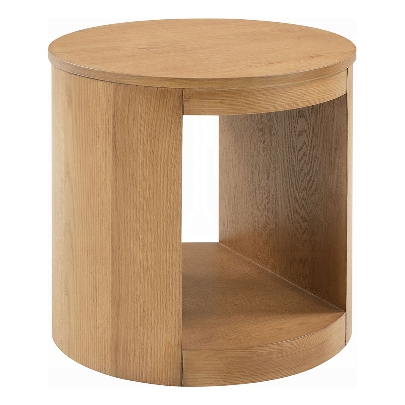 Sery Side End Table- 22 Inch Round Top with Open Lower Shelf- Oak Brown