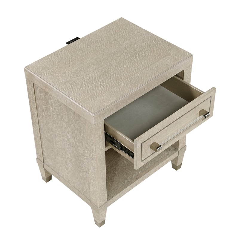 Olto Nightstand with 1 Drawer- USB Ports- Cubby Shelf- Light Oak Brown