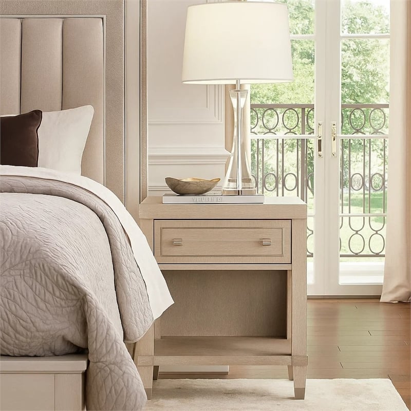 Olto Nightstand with 1 Drawer- USB Ports- Cubby Shelf- Light Oak Brown