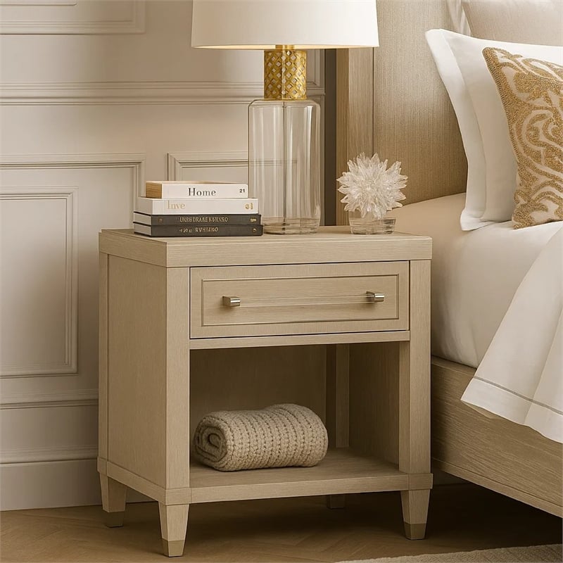 Olto Nightstand with 1 Drawer- USB Ports- Cubby Shelf- Light Oak Brown