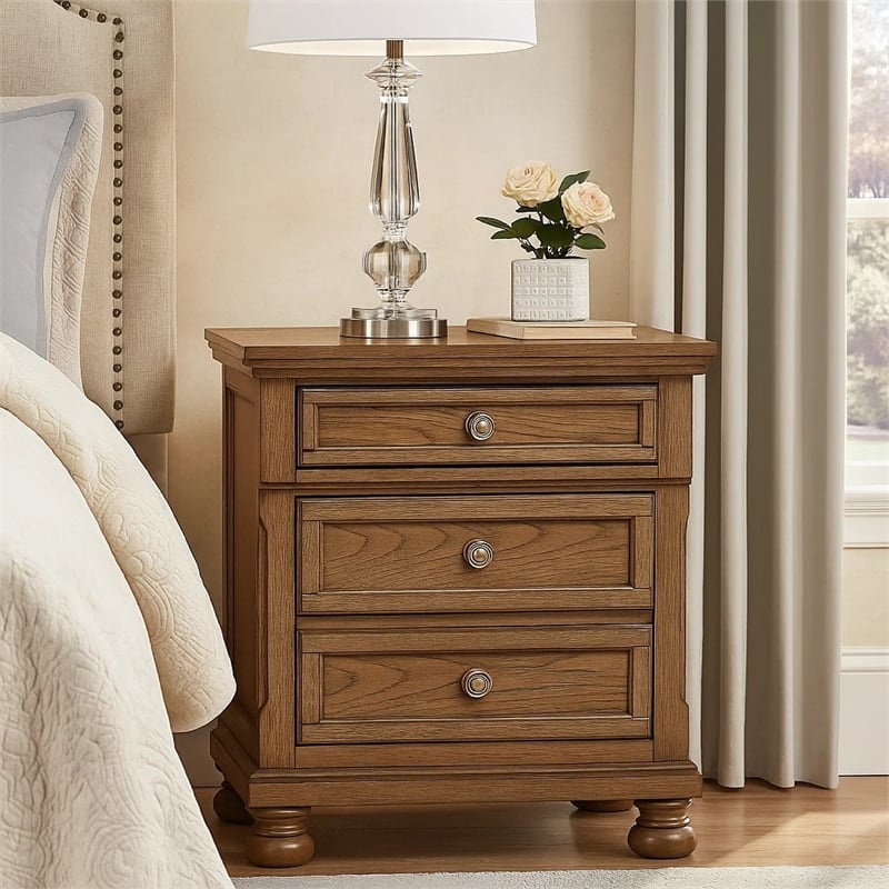 Bely Nightstand- 3 Drawers- Bun Feet- Antique Brown Sculpted Frame