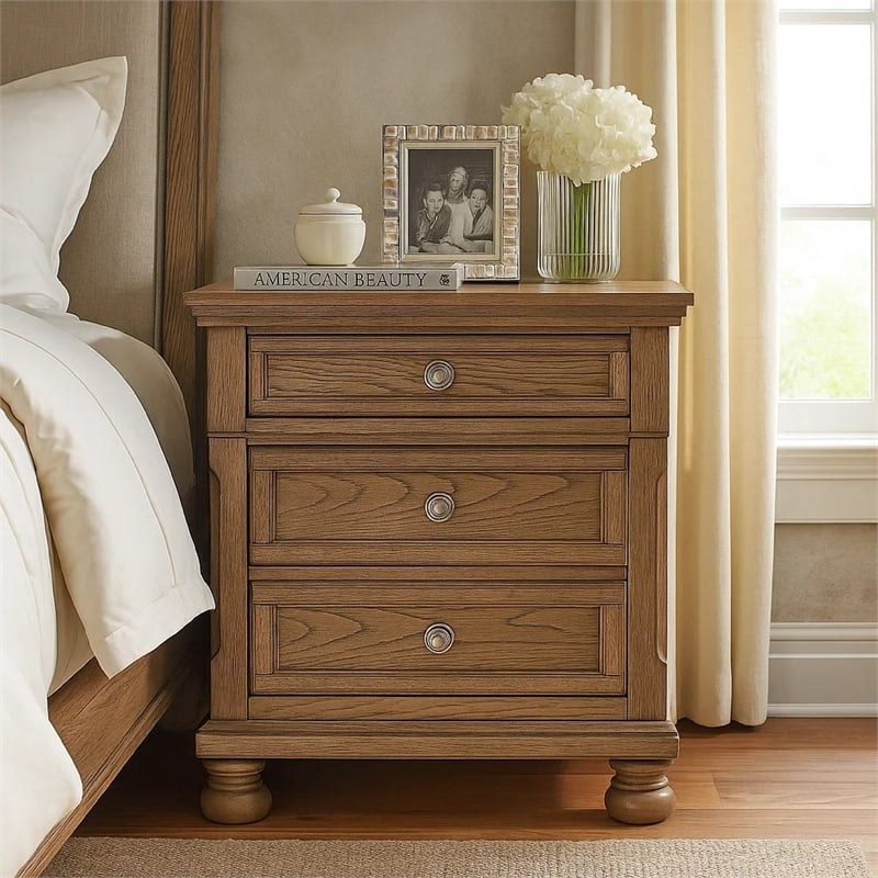 Bely Nightstand- 3 Drawers- Bun Feet- Antique Brown Sculpted Frame