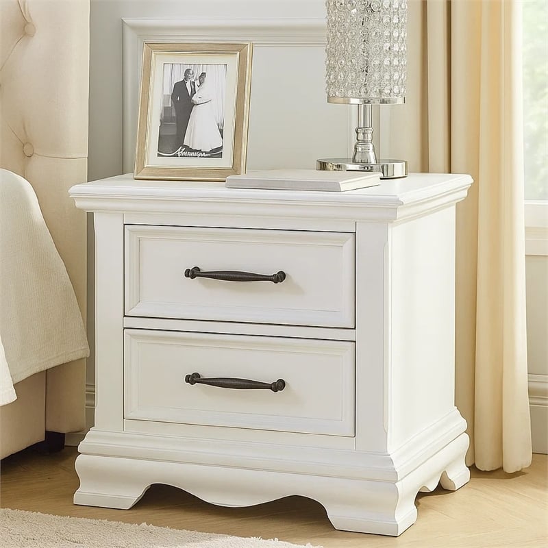 Yal Nightstand- 2 Drawers w Black Nickel Bar Handles- White Finish