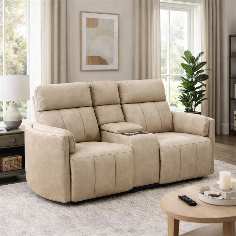 Sonny Manual Motion Recliner Loveseat with Console- Dark Beige Microfiber