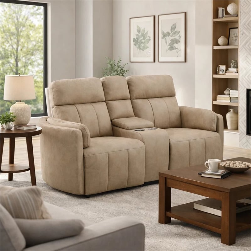 Sonny Manual Motion Recliner Loveseat with Console- Dark Beige Microfiber