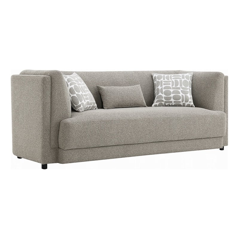 Gely 87 Inch Sofa with 3 Accent Pillows- Straight Arms- Gray Chenille
