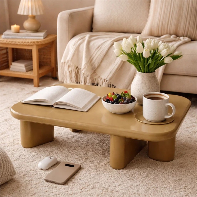 Jeny Coffee Table- 35 Inch Square Top with Rounded Corners- Yellow Brown