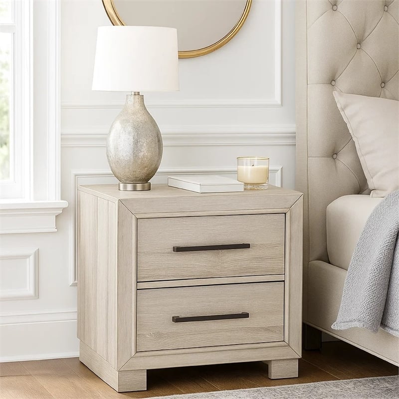 Ely Nightstand- 2 Drawers with Antique Brass Long Handles- Gray