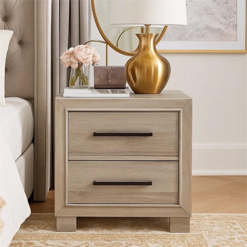 Ely Nightstand- 2 Drawers with Antique Brass Long Handles- Gray