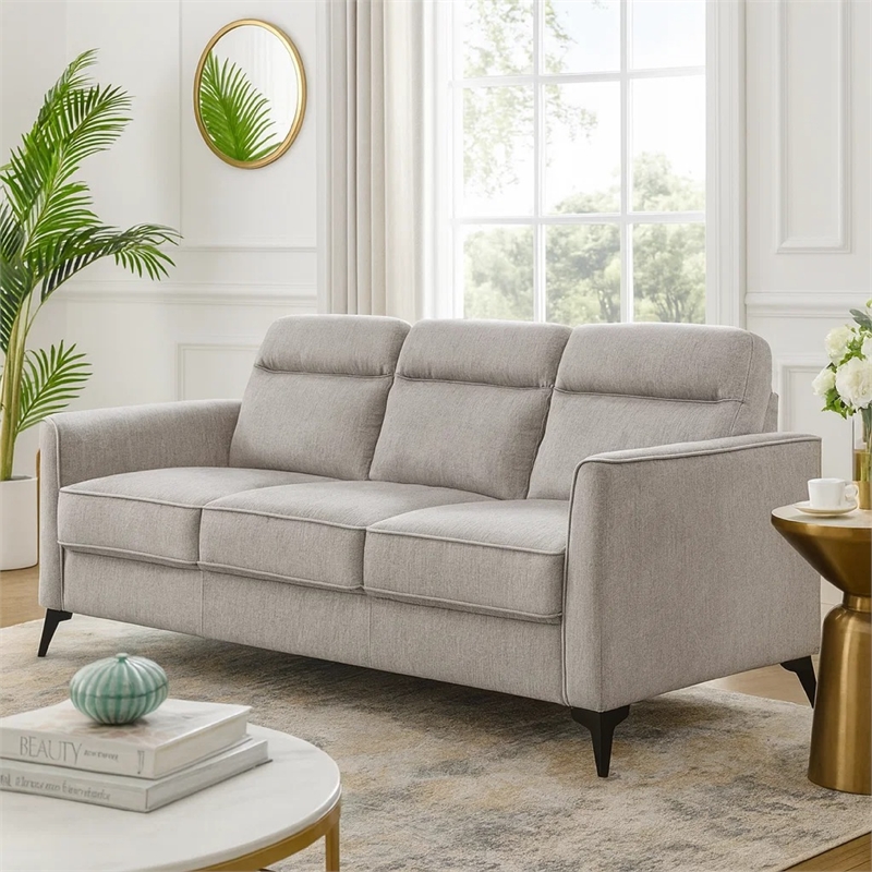 Teli Sofa- Light Tan Brown Microfiber- Black Metal Legs- 79 Inch