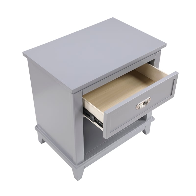 Sely Nightstand- Open Cubby and Drawer- Nickel Handle- Gray- 26 Inch