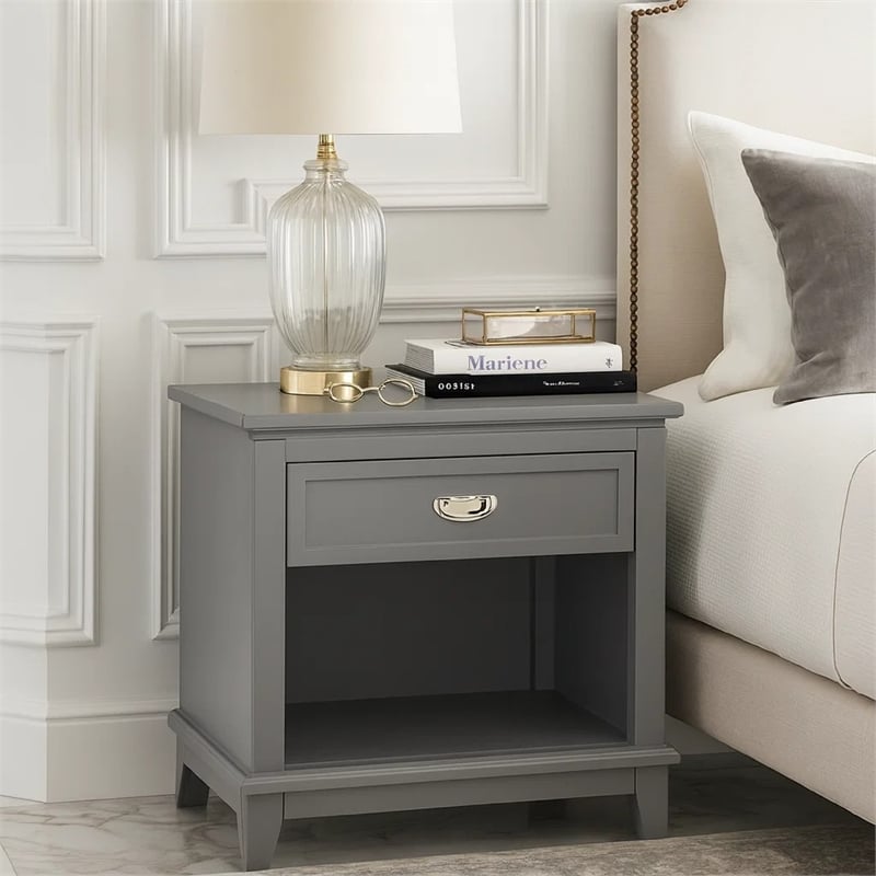 Sely Nightstand- Open Cubby and Drawer- Nickel Handle- Gray- 26 Inch