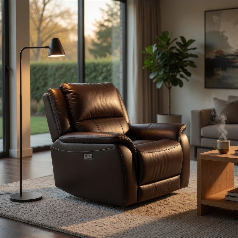 Gem Power Recliner Chair- Wall Hugger- Espresso Brown Top Grain Leather