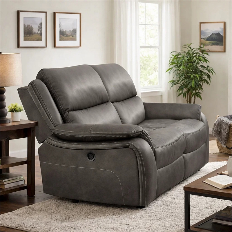 Heny Manual Reclining Loveseat- Pillow Tufted Back- Dark Gray 68 Inch